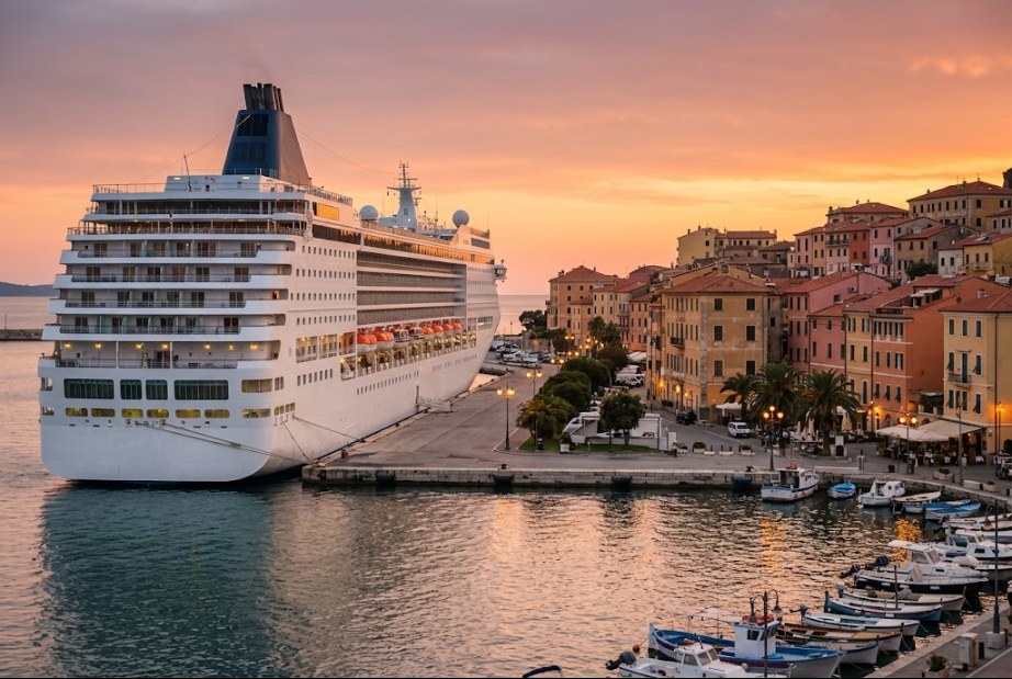 nave da crociera in un porto del Mediterraneo al tramonto - best five