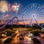 parco divertimenti al crepuscolo con ruota panoramica e fuochi d'artificio